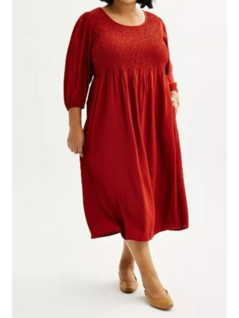 Womens Croft & Barrow Rust Smocked Midi Dress XXL 3/4 Sleeves Textured Fabric